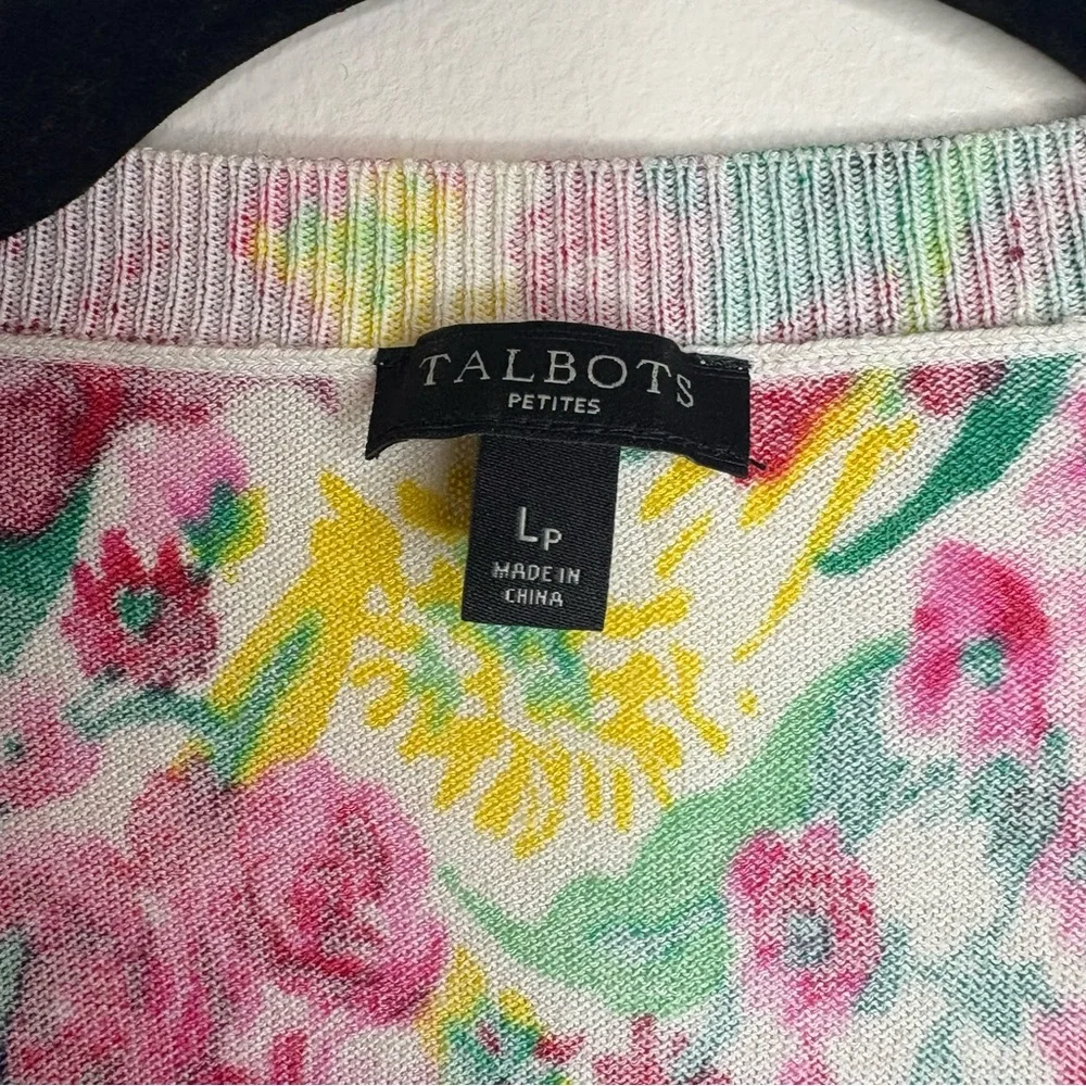 Talbots LP Petite Cardigan‎ Bold Red Pink Yellow Green Floral Cotton Rayon